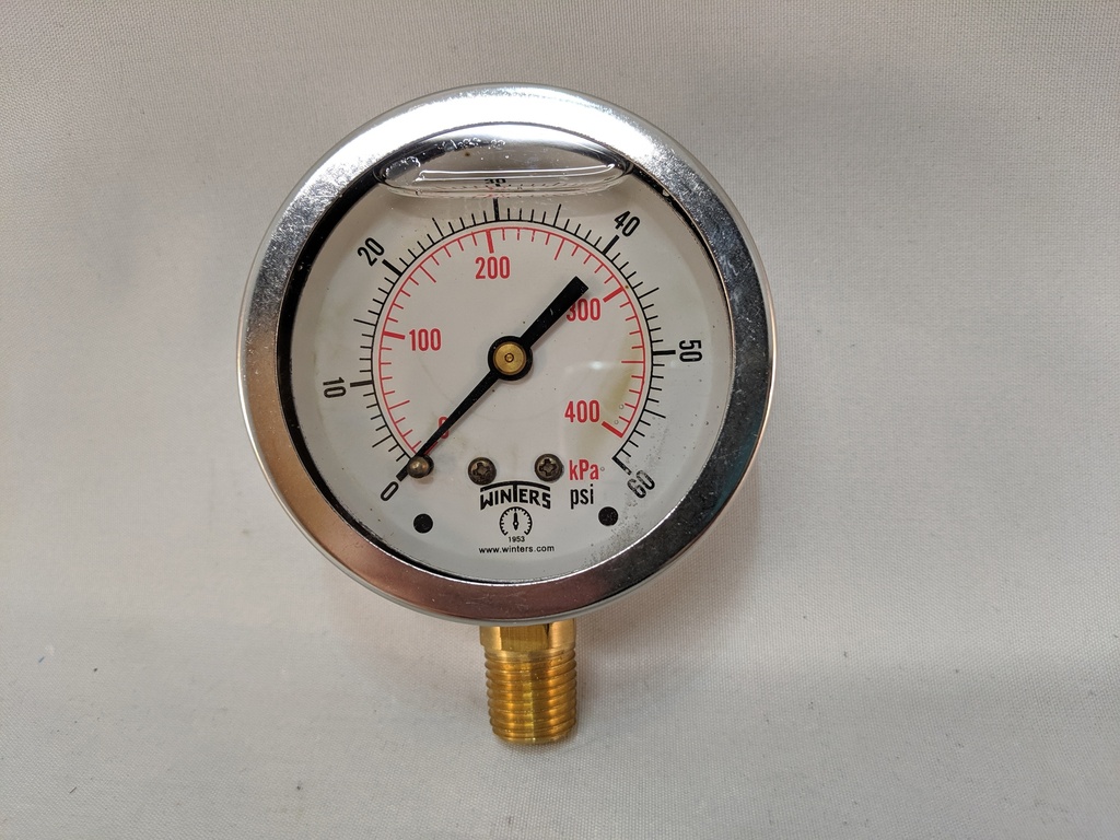 Pressure Gauge, 63mm dial size, 1/4" NPT bottom, 0-60PSI/kPa, Liquid Filled