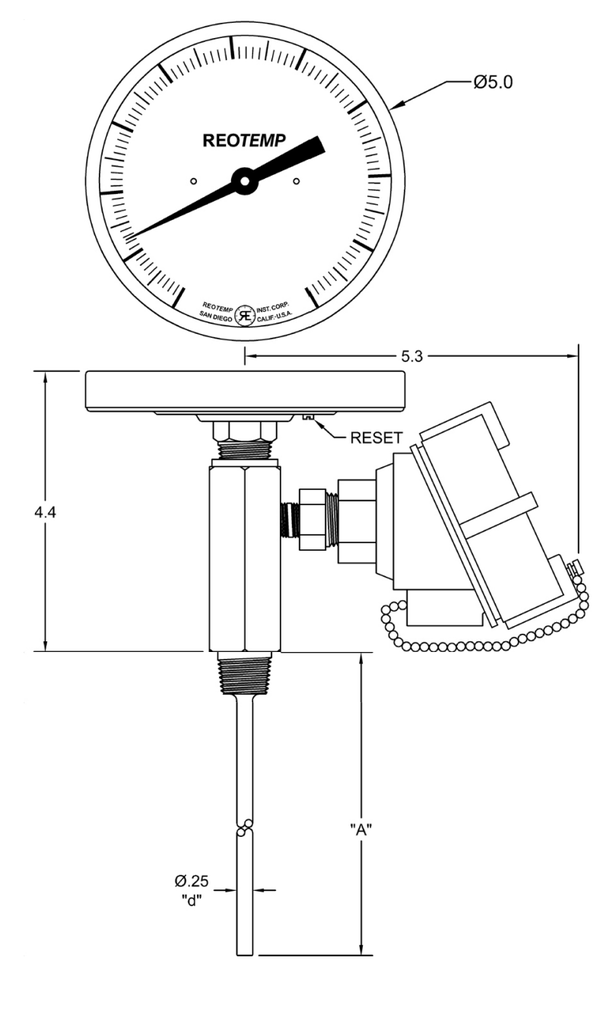 DM4B: Dual Mode Thermometer, 5" DIAL, Back Connected, with 1/4" dia. Stem, 300 series