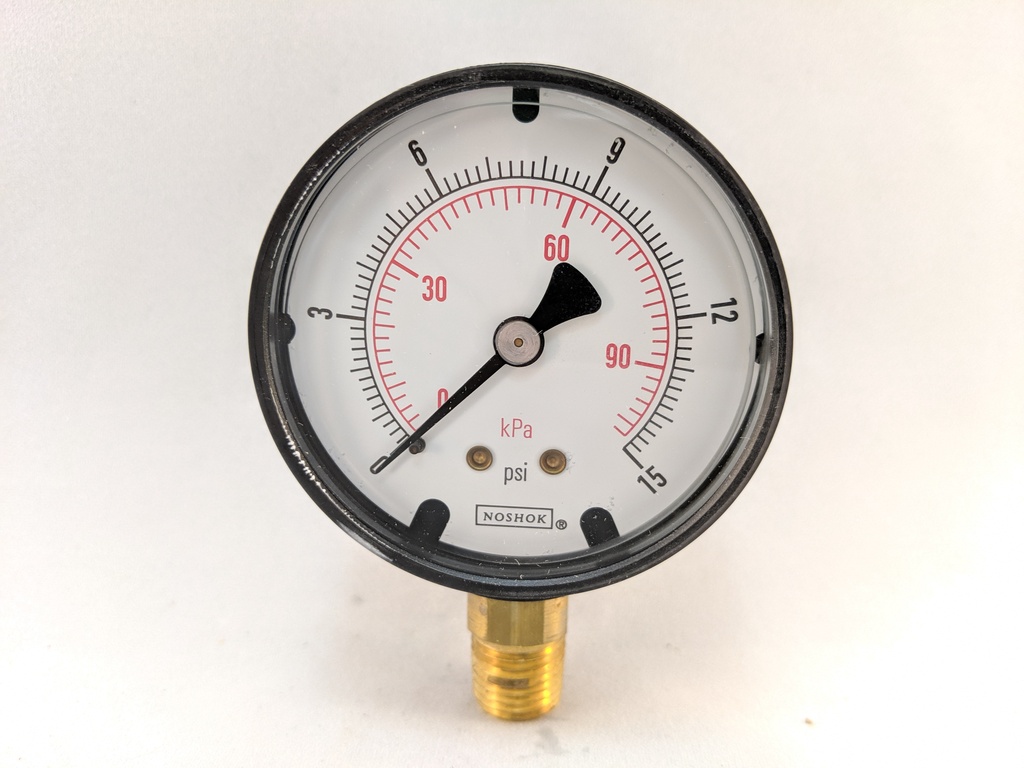 15PSI/KPA PRESSURE GAUGE 2.5" LIQD FILLED 1/4"LM 1.5% ACCURACY ABS
