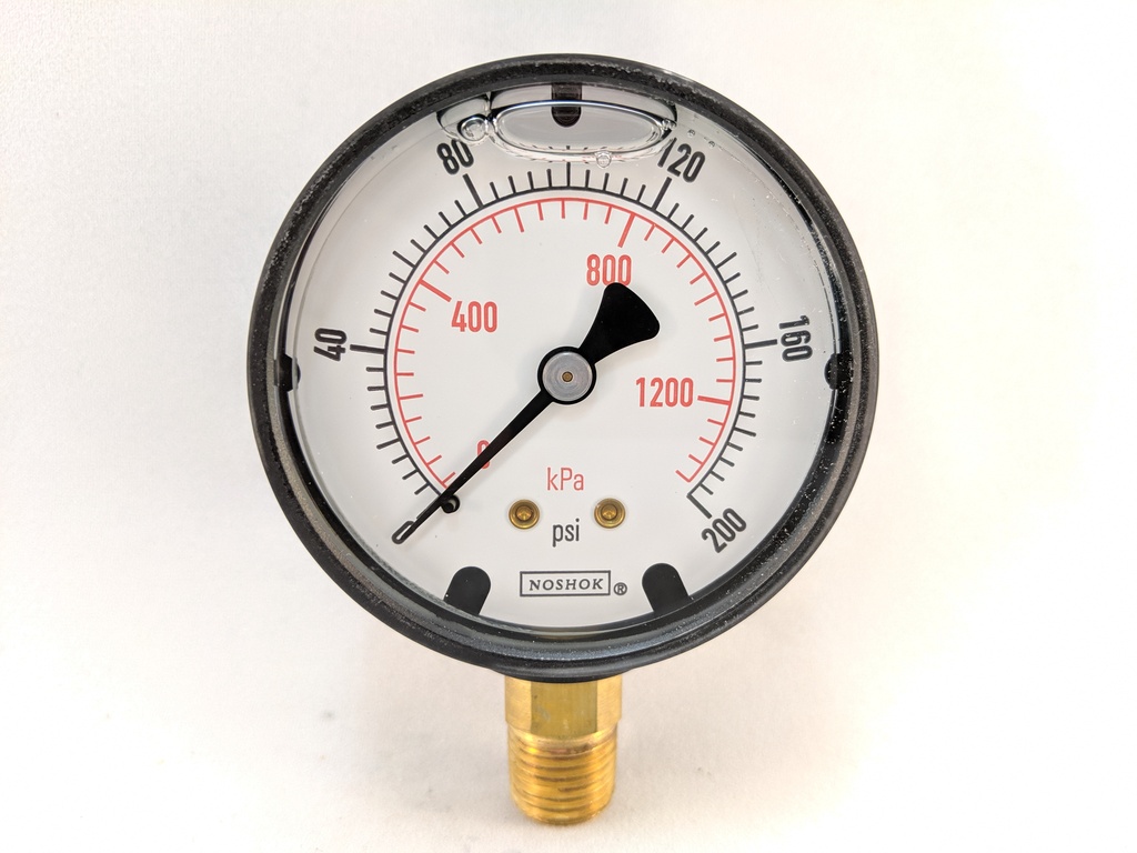 200PSI/KPA PRESSURE GAUGE 2.5" LIQD FILLED 1/4"LM 1.5% ACCURACY ABS