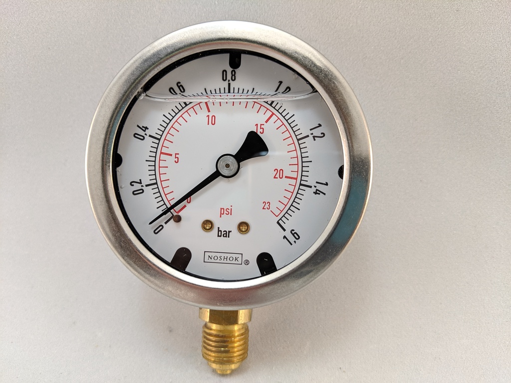 1.6BAR/PSI PRESSURE GAUGE 2.5" LIQD FILLED 1/4"BSPP LM 1.5% ACCURACY SS CASE