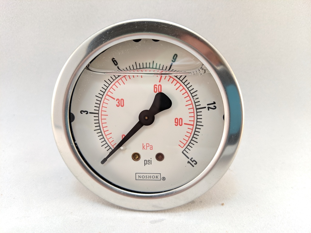 15PSI/KPA PRESSURE GAUGE 2.5" LIQD FILLED 1/4"CBM 1.5% ACCURACY 304SS