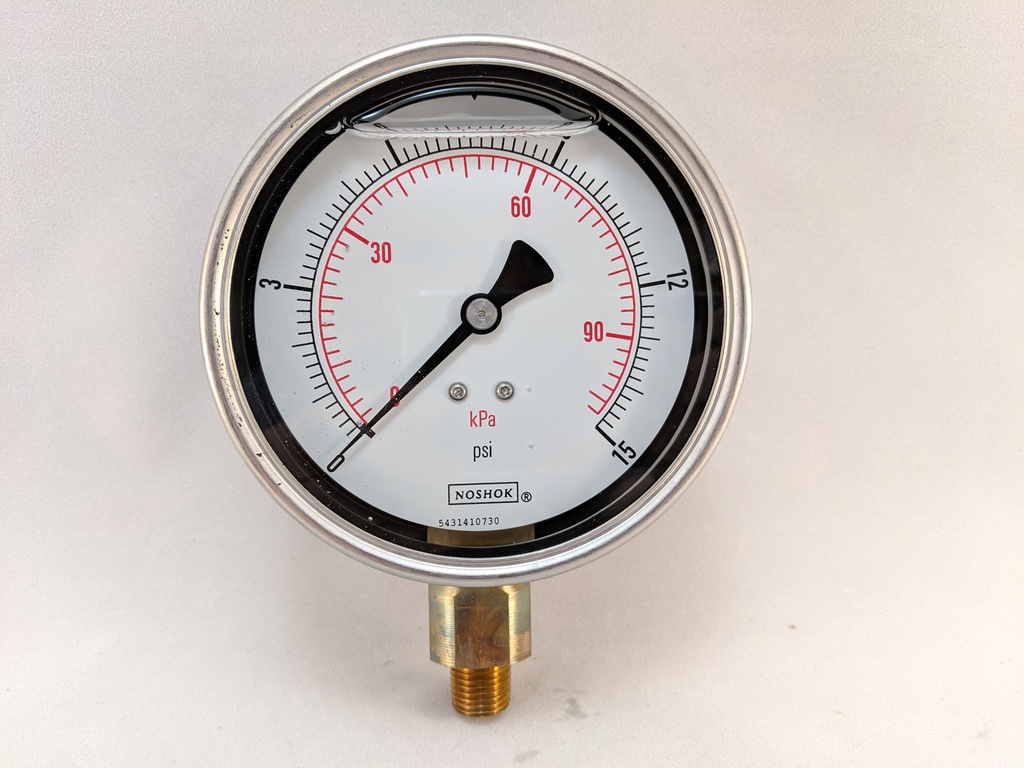 PRESSURE GAUGE 4" 1/4" LM 0-15PSI/KPA L.F. 1% ACCURACY