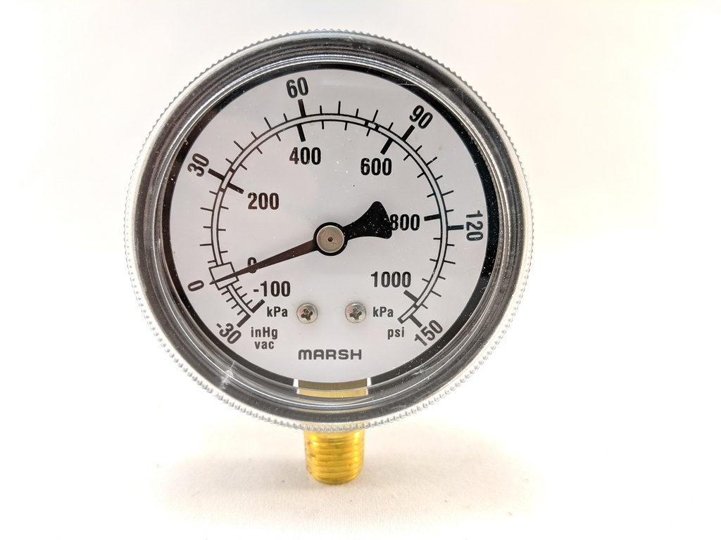 PRESSURE GAUGE 30"HG VAC X 150 PSI 2.5" 1/4"BOTTOM CONN 2%