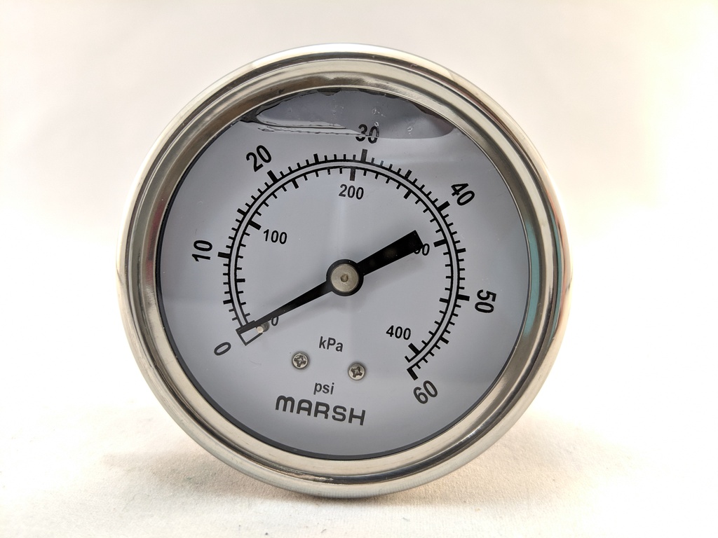 PRESSURE GAUGE 0-60 PSI 63MM 1/4"CBM SS CASE LIQUID-FILLED