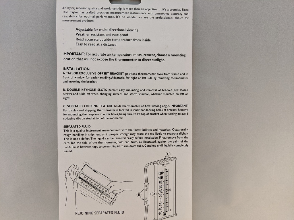 TEMPRITE WINDOW THERMOMETER 8" LONG 60/120F & C 5316