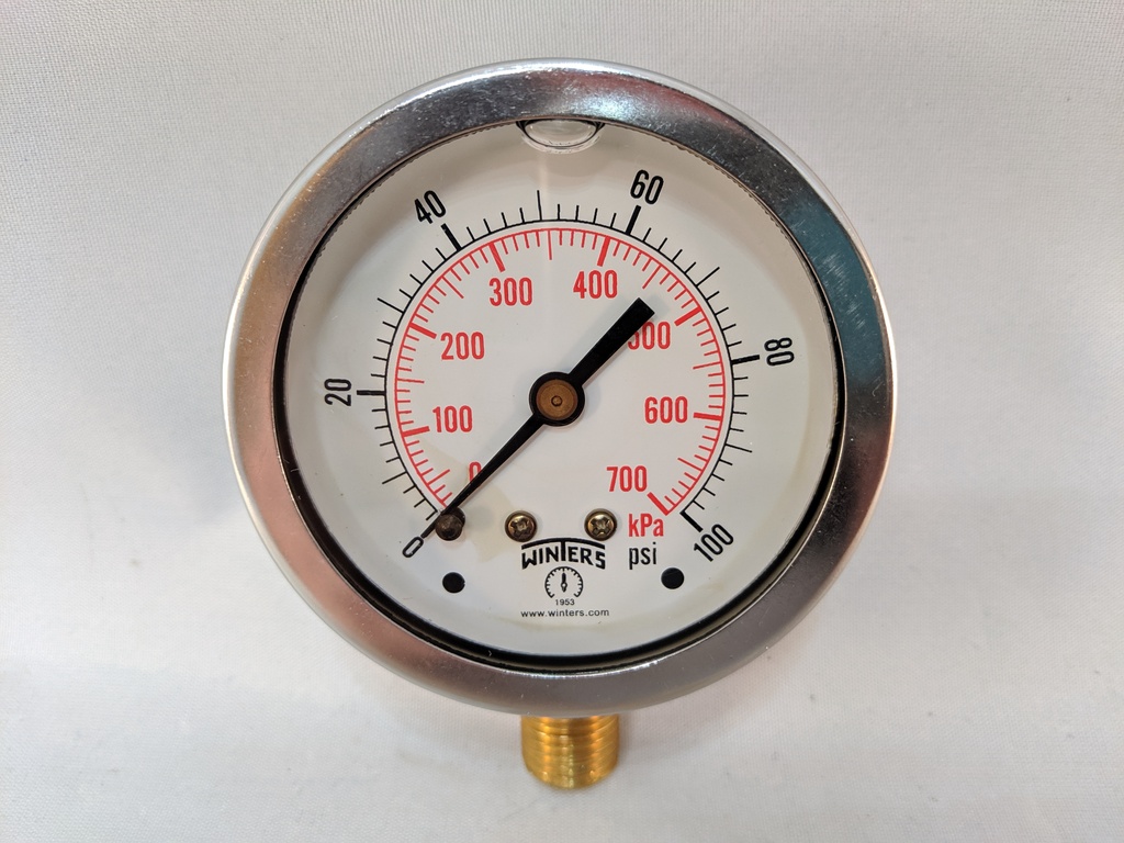 Pressure Gauge, 63mm dial size, 1/4" NPT bottom, 0-100PSI/kPa, Liquid