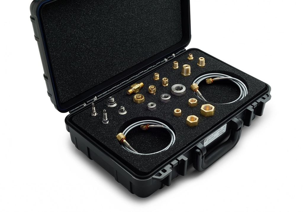 (1) 3' outlet hose with brass Quick-test ends, (1) QTHA-2MB0 1/4" Male NPT adapter, brass