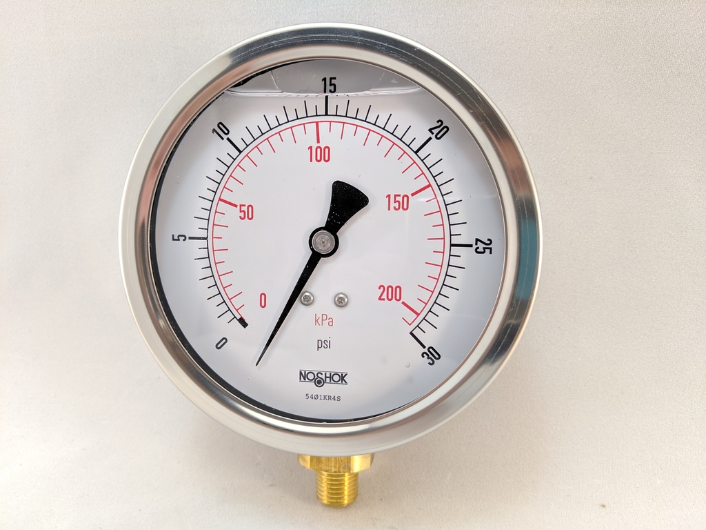 PRESSURE GAUGE 4", L.F. 1/4" BTM, 1% ACCURACY BRNZ, 0-30PSI/KPA