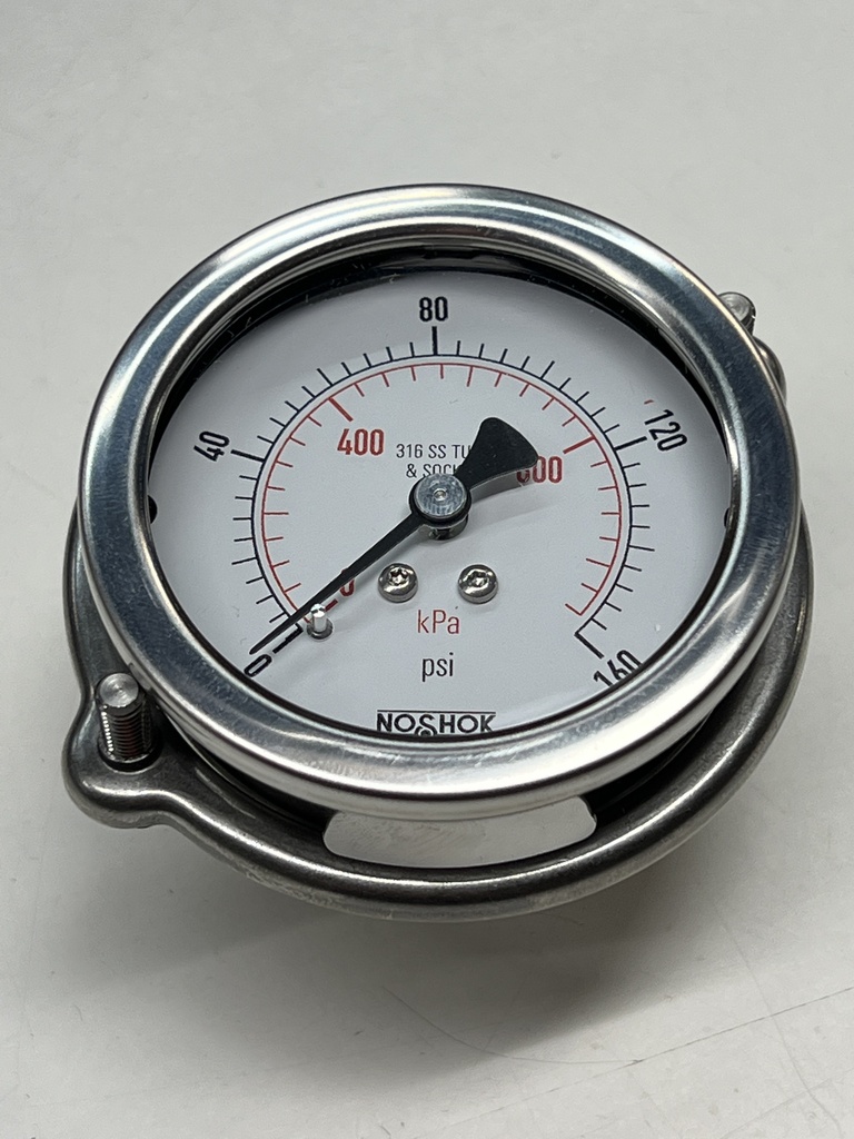 400 Series All Stainless Steel Dry / Liquid Filled Pressure Gauge, 0-160 psi, SS Panel Mount Clamp