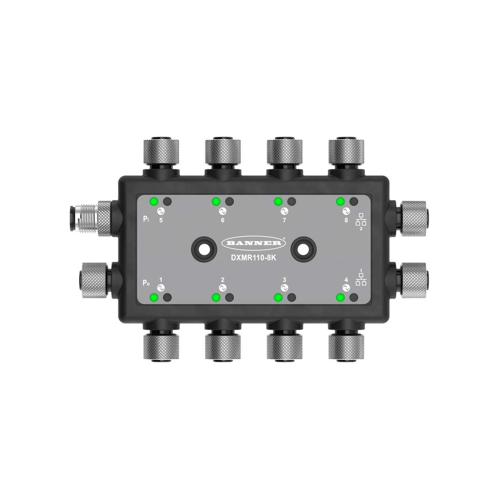 DXMR110 8-port IO Link Master/Controller. Power: 12-30 V dc. Female M12 (D-Code Ethernet). IP67, IP68. Ethernet IP, Modbus TCP, and Profinet