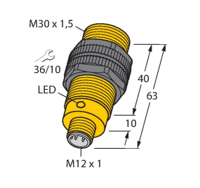 BI10-P30-AP6X-H1141/S100, 3 WIRE DC, NO CONTACT, PNP OUTPUT, M12X1 MALE CONNECTOR, HIGH TEMP RANGE, 63mm THREADED BARREL