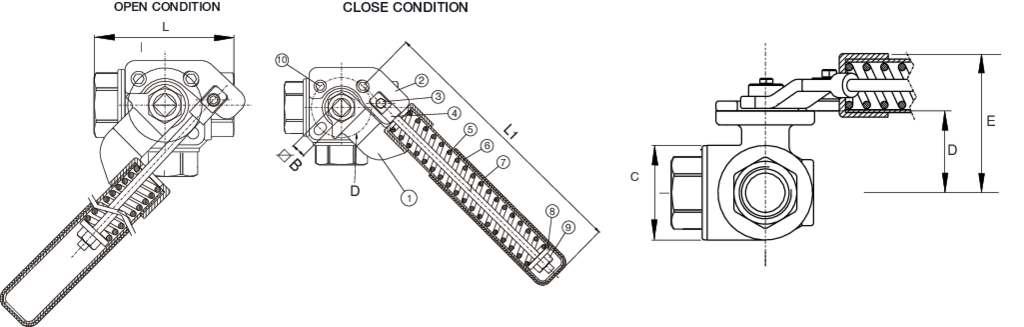 355NSRL / 365NSRL Combi-Sfer 3-Way Brass Ball Valve, FNPT, Threaded Standard Port, with Deadman Spring Return Handle