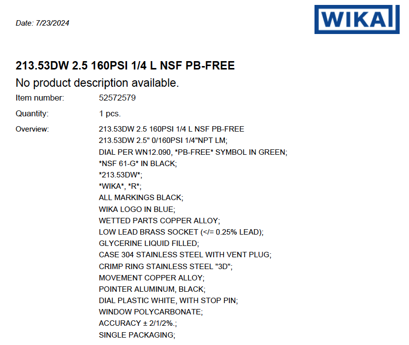 213.53 Series 2.5" Brass Pressure Gauge, 0 to 160 psi, Liquid Filled