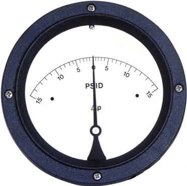 MIDWEST Model 120 -Piston type differential pressure gauge with ASME B40.100 Grade B Accuracy +/-  3-2-3%  full scale ascending; Aluminum body with stainless steel internals and ceramic magnet, Working Pressure of 3,000 PSIG, Range 0-2.5 BAR, 2.5 inch (63.5mm) unidirectional  dial with engineered plastic housing and shatter resistant lens; Viton seals, 1/4" FNPT back connections, Reversed high/low process connections.