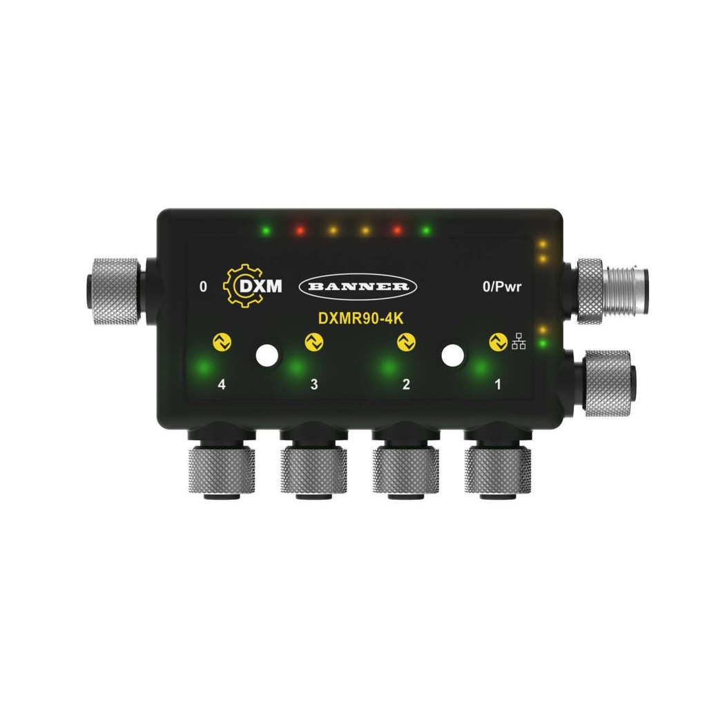 DXMR90-4K IO Link Master/Controller. Power: 12-30 V dc. Female M12 (D-Code Ethernet). IP67, IP68. Ethernet IP, Modbus TCP, and Profinet. Includes: STP-M12D-406