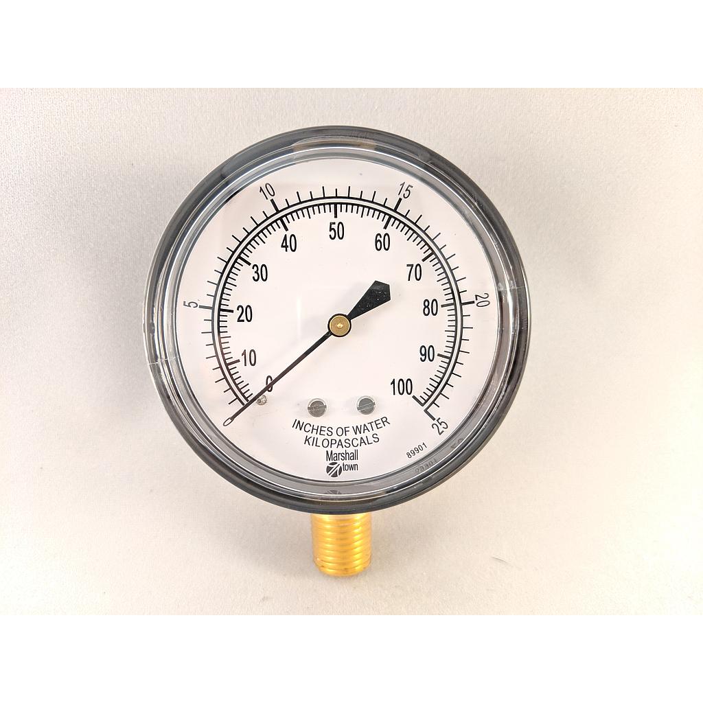PRESSURE GAUGE, 2.5" DIAL, 1/4" NPT BOTTOM CONNECT, 0-100" H2O
