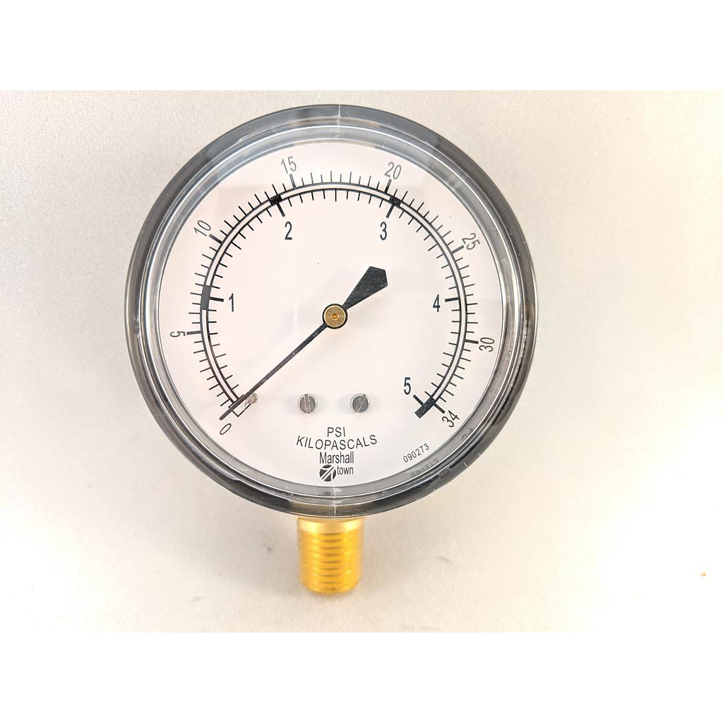 PRESSURE GAUGE, 2.5" DIAL, 1/4" NPT BOTTOM CONNECT, 0-5 PSI