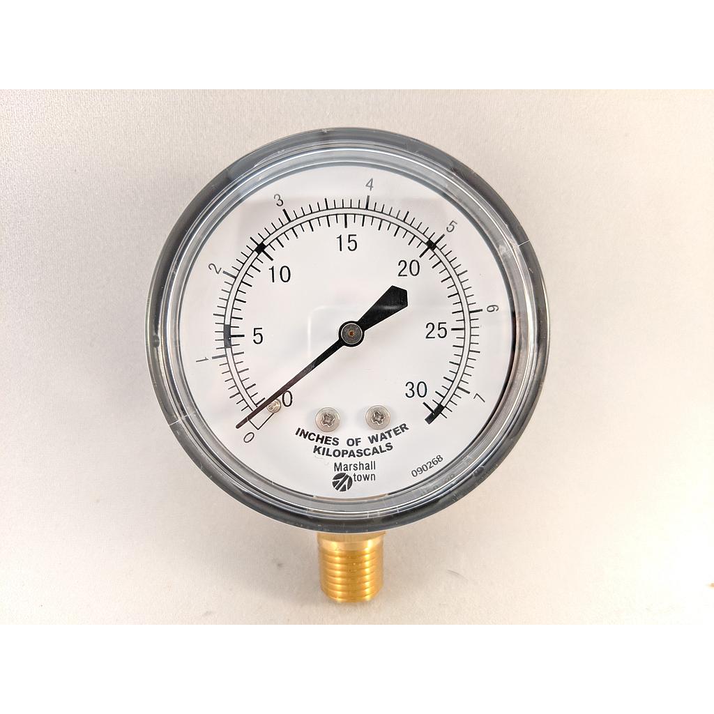 PRESSURE GAUGE, 2.5" DIAL, 1/4" NPT BOTTOM CONNECT, 0-30" H2O