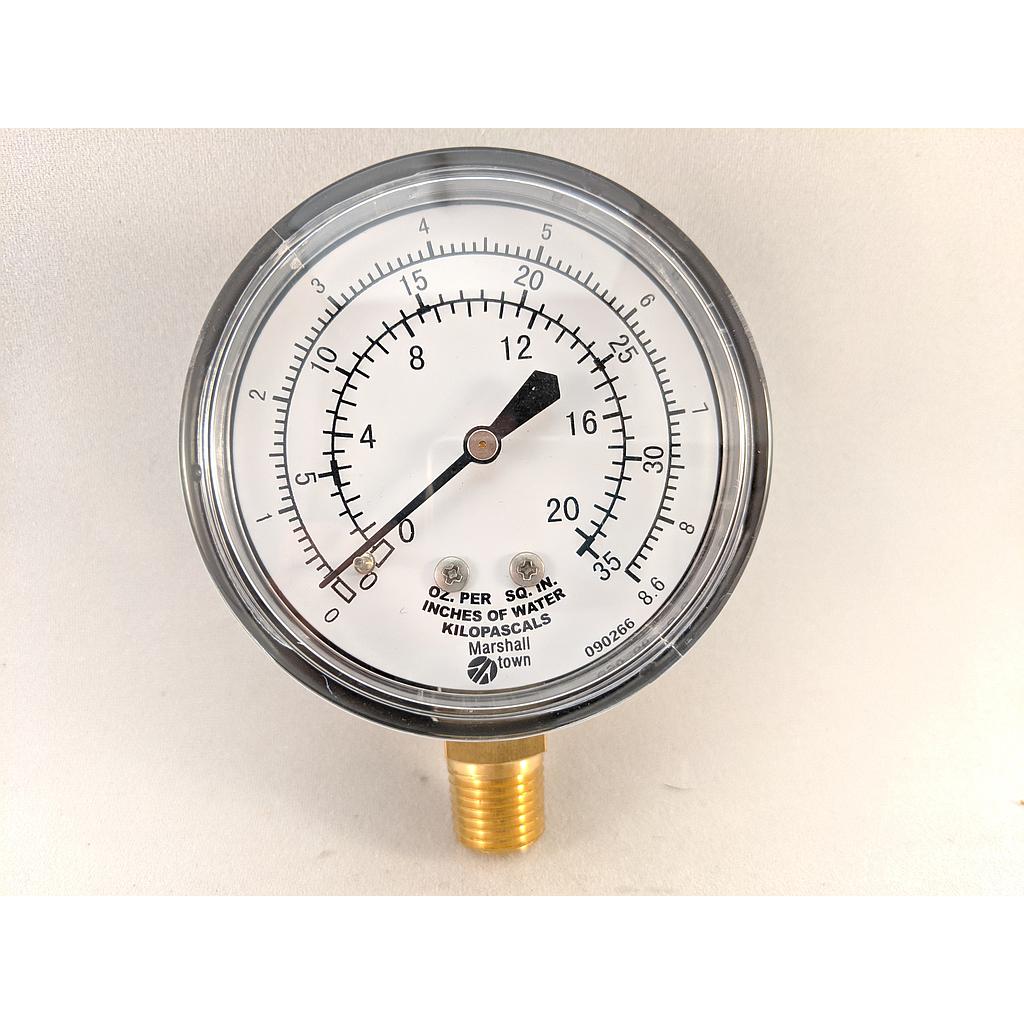 PRESSURE GAUGE, 2.5" DIAL, 1/4" NPT BOTTOM CONNECT, 0-20 OZ & 0-35" H2O
