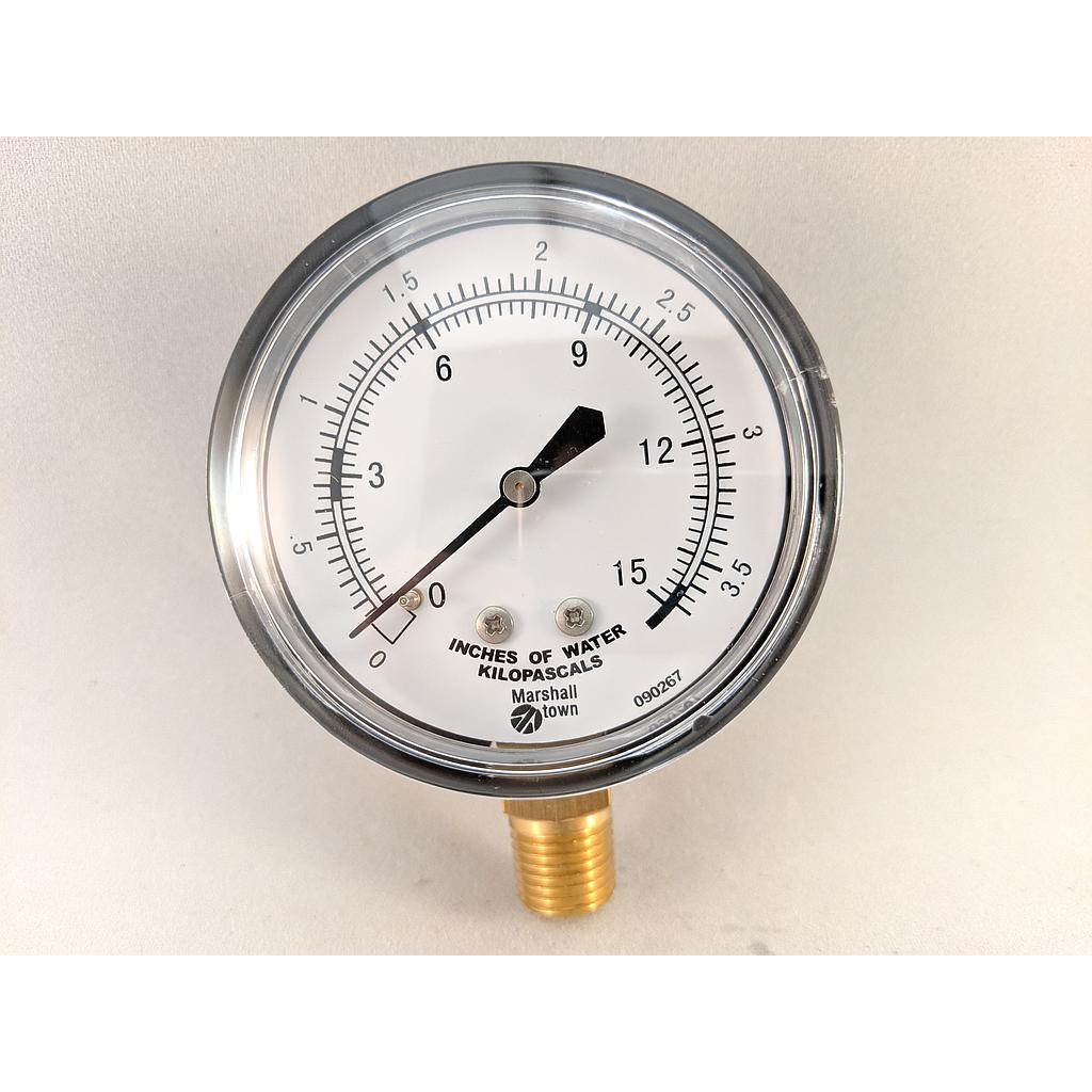 PRESSURE GAUGE 2.5" DIAL, 1/4" NPT BOTTOM CONNECT, 0-15" WATER