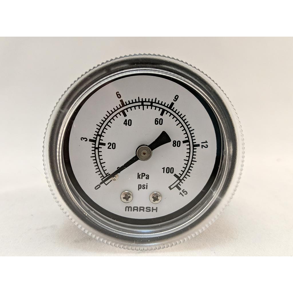 PRESSURE GAUGE 0-15 PSI 2" 1/4"CBM 2% ACCURACY