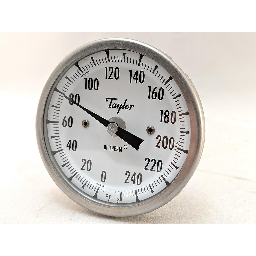 BI-METAL THERMOMETER, 3" BACK CONNECTED, 0/250F, 6"STEM, 1/2"NPT