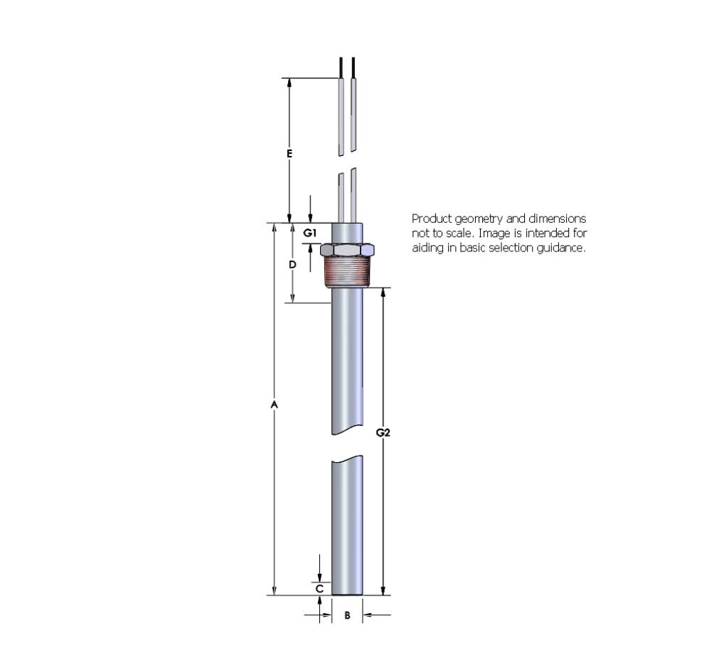 Watlow Firerod Heater, 3/4" dia, 14" Length, 240V, 500W, 12" Fiberglass Leads, 304SS Threaded Fitting