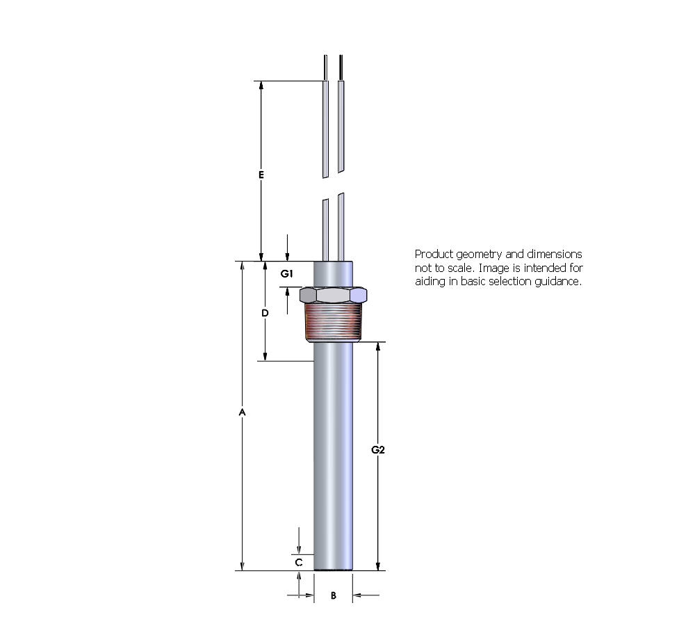 Watlow Firerod Heater, 3/4" Diameter, 6.625" Length, 240V, 1500W, 304SS Threaded Fitting, 12" High Temp Leads