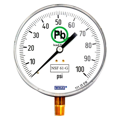 Wika 111.25DW Series Drinking Water Pressure Gauge, 4.5" Dial, 0 to 160 PSI, 1/4" NPT Brass Bottom Connection, NSF-61 Lead Free, Dry Case