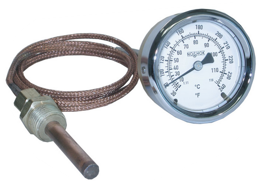 300 Series Vapor Actuated Thermometer, 2 1/2" Brass Case, 30/240 F, 1/2" NPT Union, 4-1/2" x 3/8" Bulb, 20' Capillary