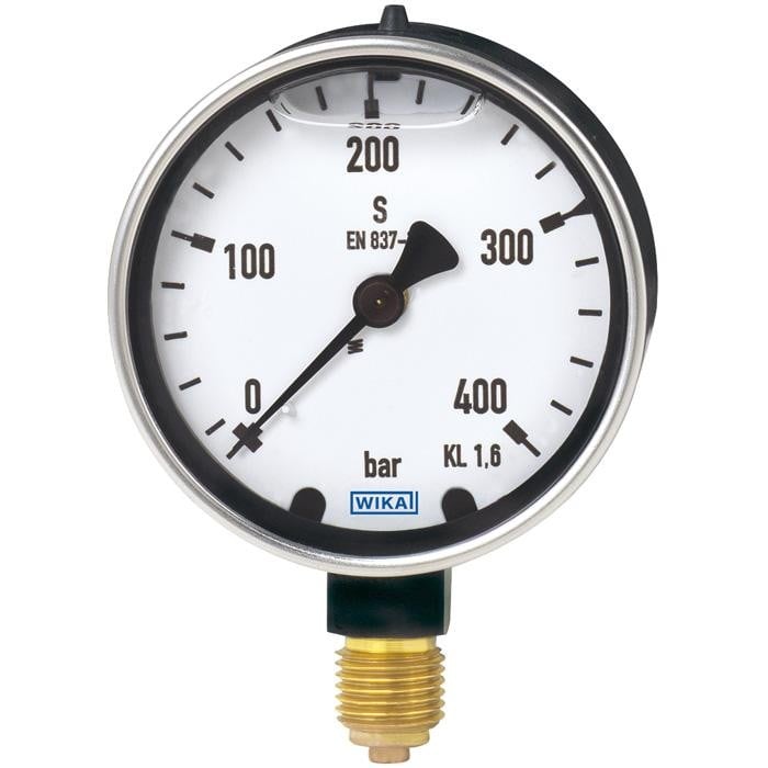 Wika 213.40 Series Glycerin Filled Industrial Pressure Gauge, 4" Dial, 0 to 200 bar, 1/4 NPT Brass Center Back Mount