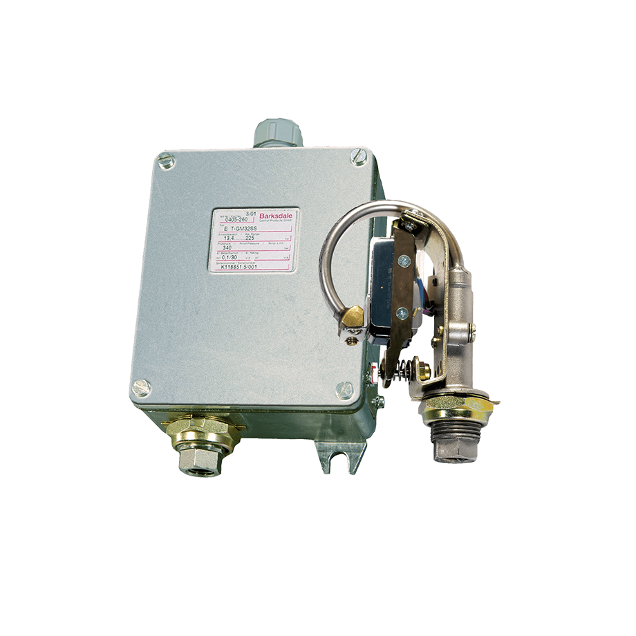 Barksdale B1T Bourdon Tube Pressure Switch, Housed Single Setpoint, 10 Amps @ 125/250 VAC; 3 A @ 480 VAC; 0.5 A @ 24 VDC, 600 to 12000 psi, SS, 1/4" NPTF, Oxygen Cleaned, Preset: S9500R