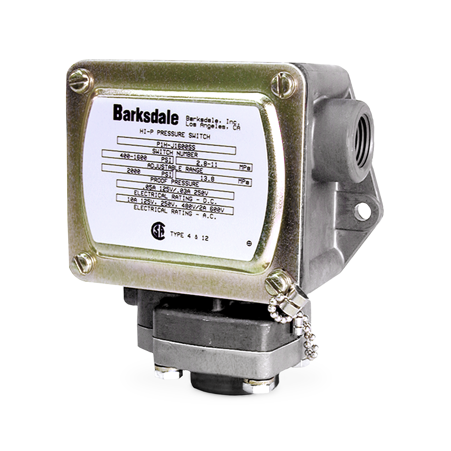 Barksdale P1H Dia-Seal Piston Pressure Switch, 10 Amp @ 125/250/480 VAC; 2 A @ 600 VAC; 0.05 A @ 125 VDC, 0.5 to 30 psi, 1/4" NPT SS, Buna-N O-Ring, 1/2" NPT Press. Fitting, NEMA 4X Encl