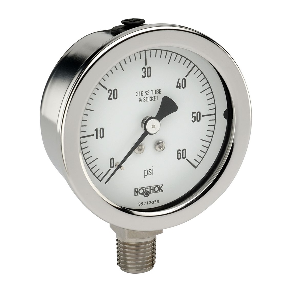 500 Series Stainless Steel Liquid Filled Pressure Gauge, -30 inHg to 0 to 15 psi, Maximum Indicating Pointer