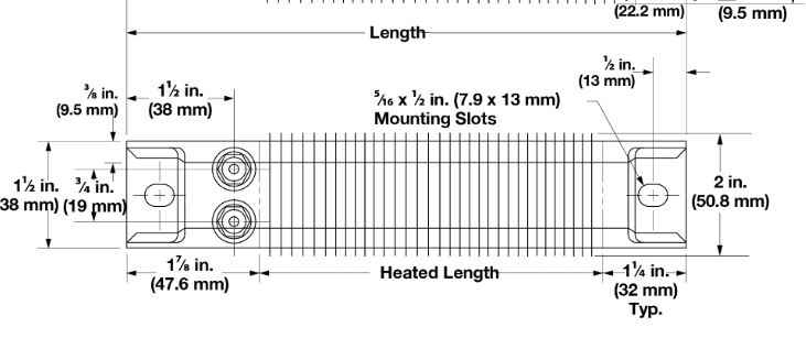 Watlow 375 Strip Heater,120V 125W Parallel,5.5In Finned,Mounting Hole: Std - 5/16 x 1/2 Mtg Hole