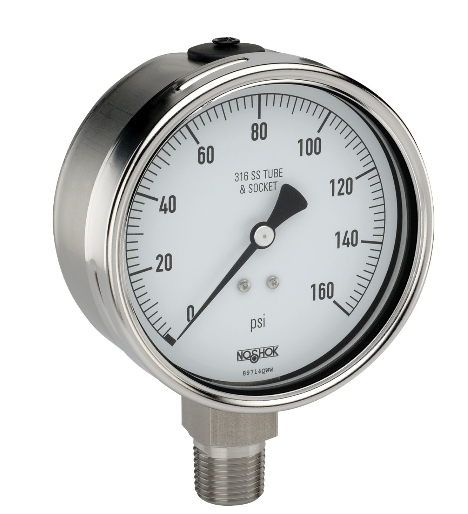 NOSHOK PRESSURE GAUGE 4" DIAL, -30hg Vacuum by 160PSI, 304SS, 1/2" BOTTOM MNT