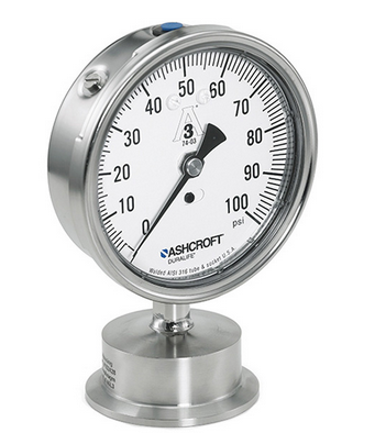 3.5" Ashcroft Type 1032 Sanitary Pressure Gauge 304SS Case, USP Food Grade Glycerin Filled, 2" Tri-Clamp® Lower Connection, 30PSI, 316SS Diaphragm, Tube and Socket, 3A Compliance to Sanitary Standard 74-02