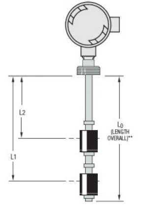 GEMS LS-800, 1.25"NPT MOUNT, 17" LENGTH, L1=15", L2=5" (LS800-2-SS-BN-SPST-20-GR2-2)