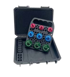 Set of 9 quick connect test fittings in hard anodized aluminum with resin holder 3 of each size (1/4", 1/2", 3/4")