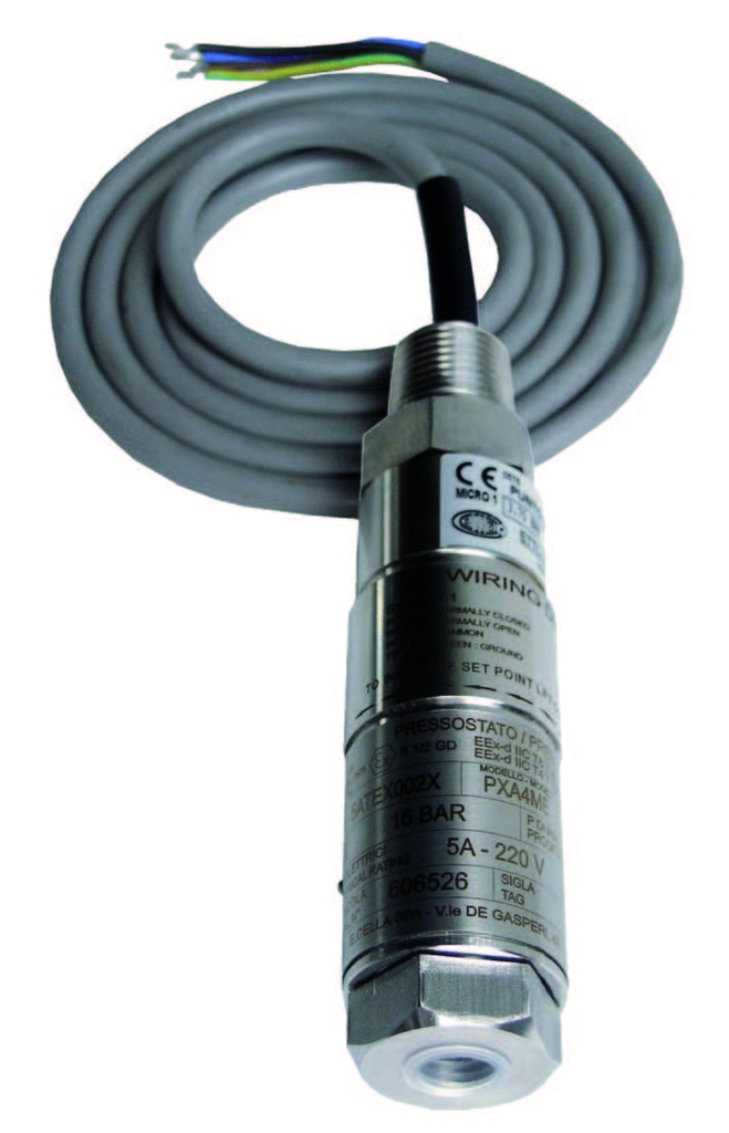 Wika PXS4ME Mini Pressure Switch, 1.6 - 6 Bar Range, 1/4" NPT Internal Female - 1/2"-14 NPT External Male Process Threads, 5M Cable