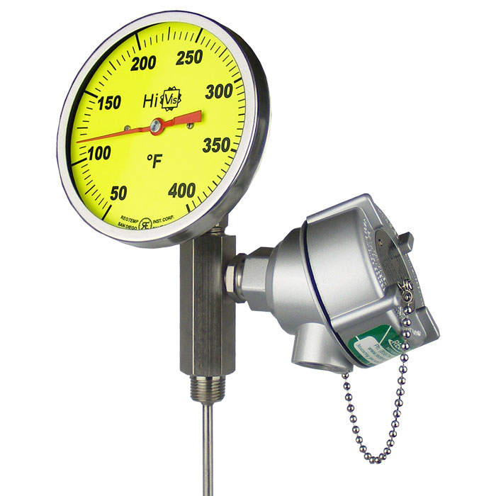 Reotemp 300 Series Dual Mode Thermometer, 3" Dial, Adj. Angle, 1/4" Dia. Stem, 20/240°F, RTD, 3-wire, Cast Aluminum Head w/Terminal Block