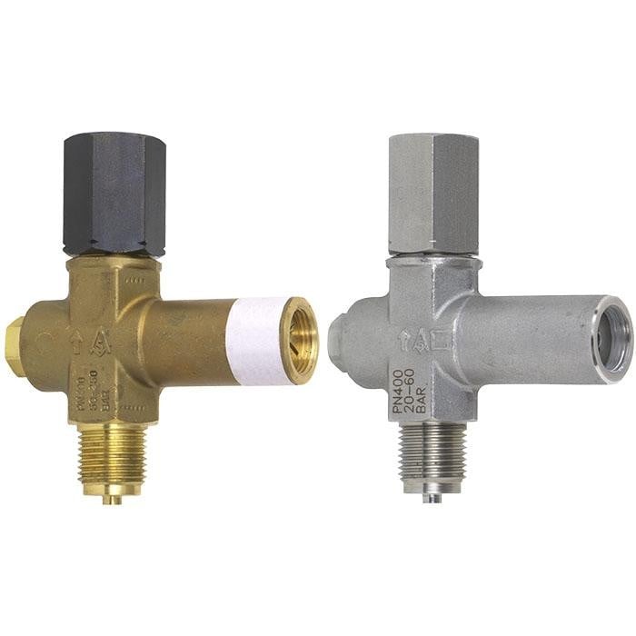 Wika 910.13 Series Adjustable Overpressure Valve, Stainless Steel, 1/2" NPTF to 1/2" NPTM, 20 to 60 bar