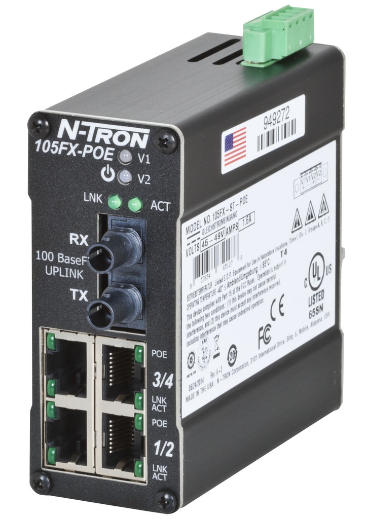 100 PoE Series, 5-Port, N-Tron 105FX Unmanaged Industrial MDR POE Switch, ST 15km