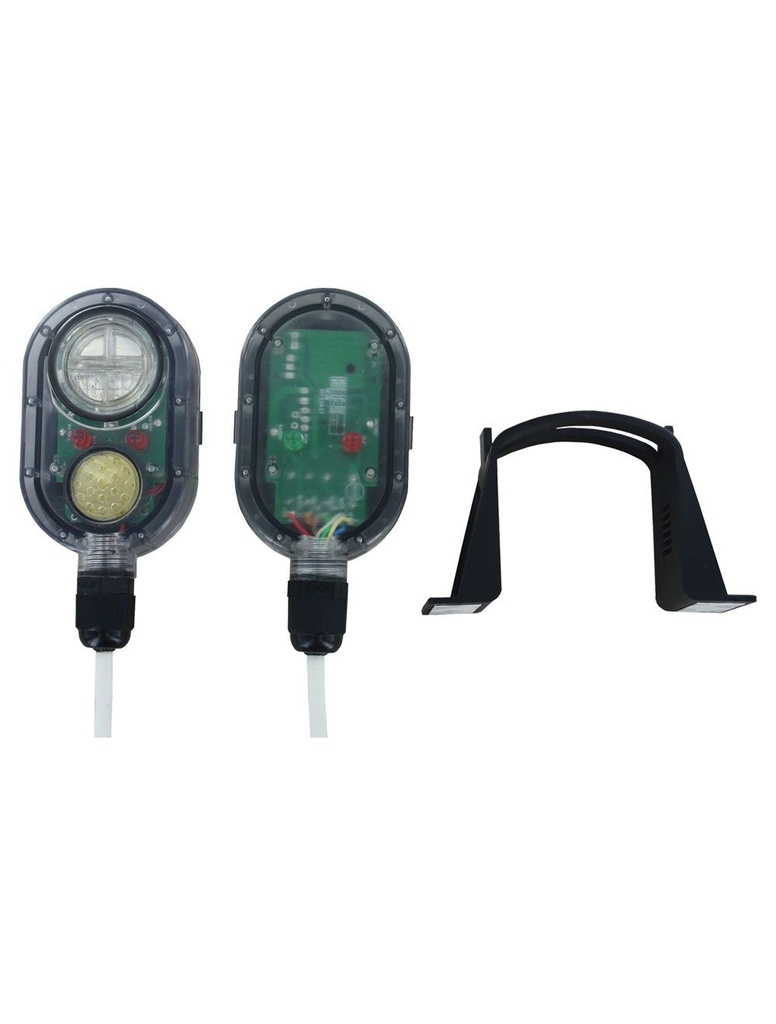 Line powered water leak detector with DPDT relay, 11 to 27 VAC/DC, no audible alarm, 30' prewired cable.