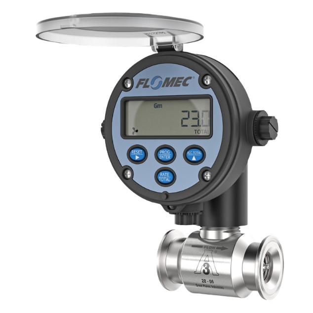 Flomec GSCPS Series Turbine Flow Meter, ", 1-1/2" Tri-Clamp, Battery Powered Display, 3A Food Grade, Stainless Steel Body for Food Processes