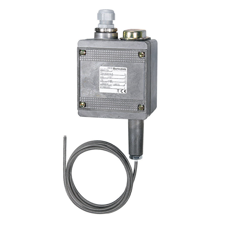 Barksdale Remote Mount Temperature Switch, Dual switch (2 SPDT), NEMA 4 Enclosure, 150/350F range, 6FT Capillary, 304 SS Wetted Material, 302 SS Armor