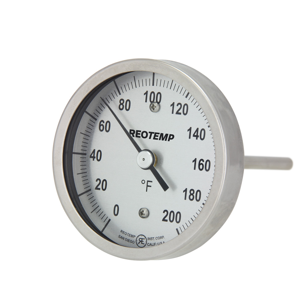 ReoTemp Bimetal Dial Thermometer, 5" Dial, Back Conn./Reset, 4" Stem, 1/2" NPT, 50/500°F
