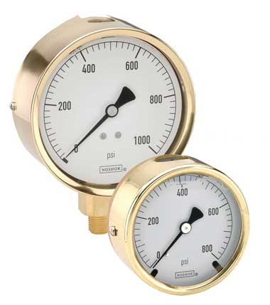 Noshok 300 Series Pressure Gauge, 2.5" Brass Case, Copper Alloy Internals, 300 psi, 7/16"-20 Male Bottom Conn, -40 Degree Service Fill, Maximum Indicating Pointer