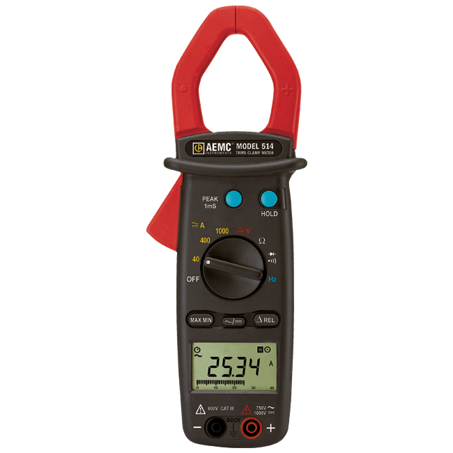 AEMC 514 Clamp-On Meter, AC/DC, TRMS, 1000AAC/DC, 750VAC/1000VDC, Hz, Ohms, Continuity